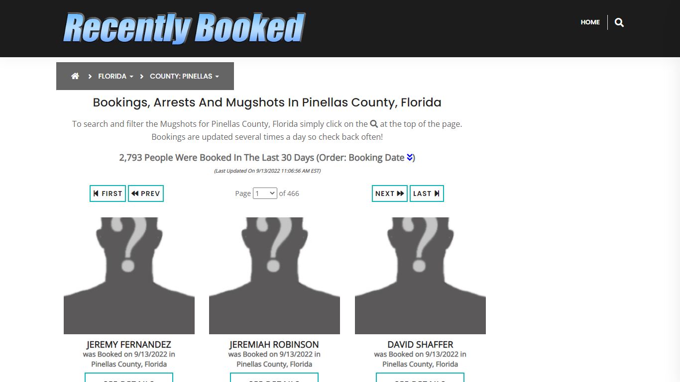 Bookings, Arrests and Mugshots in Pinellas County, Florida